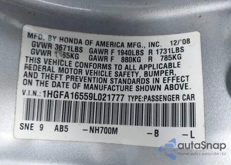 2009 Honda Civic Lx from USA, damaged, VIN 1HGFA16559L021777